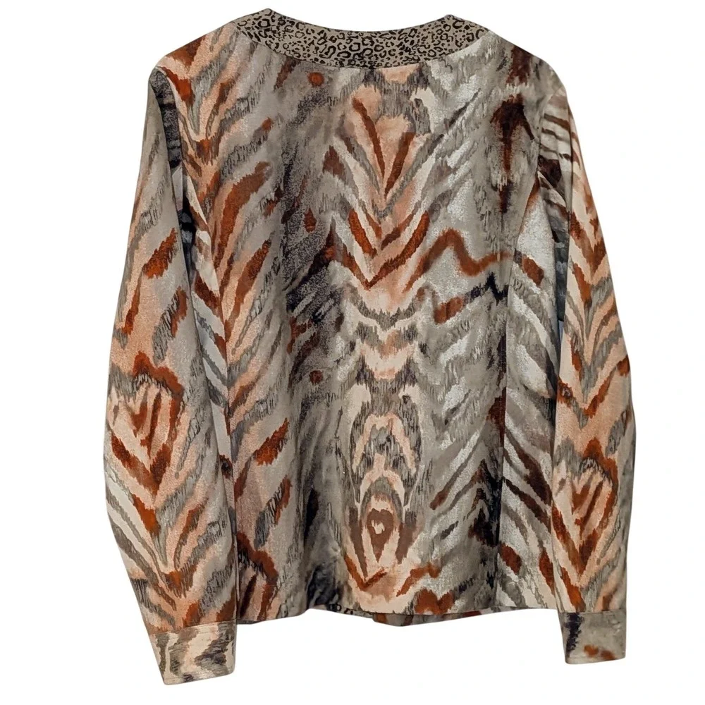 Chicos Animal Print Button Front Jacket Mixed Tiger Leopard Tan Brown Size M (1)